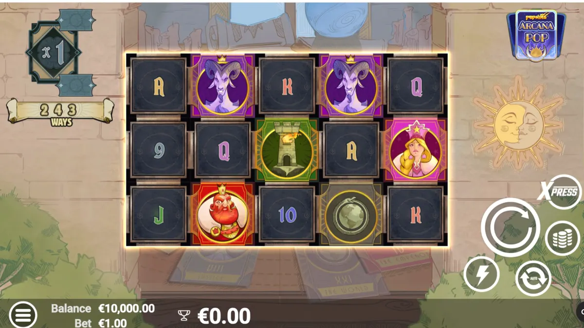 Tampilan visual mistis dari slot Arcana Pop dengan simbol tarot dan latar belakang gerbang kuno.