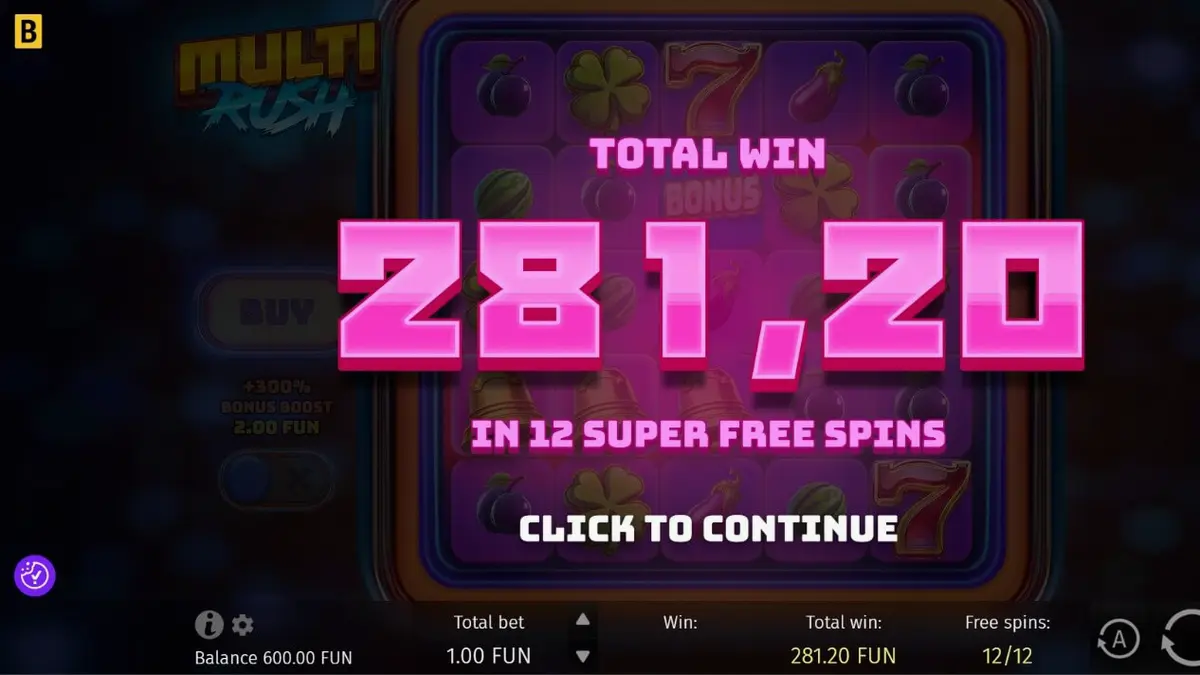 Tampilan visual slot Multi Rush dengan simbol buah neon dan fitur pengganda yang meriah