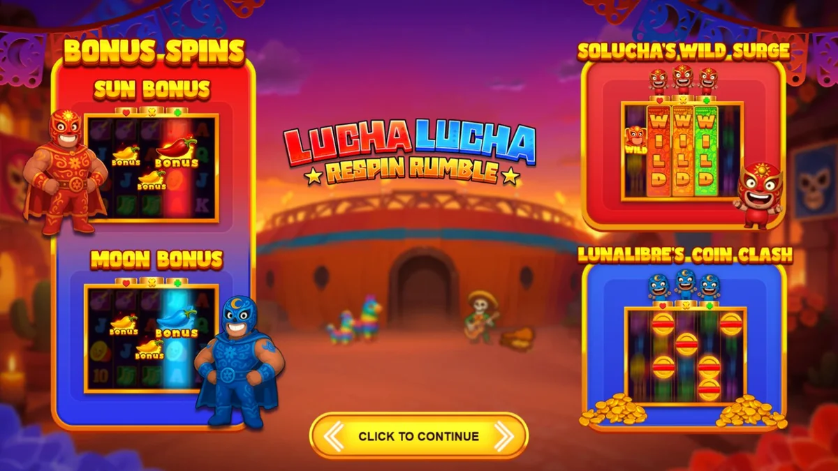 Lucha Lucha Respin Rumble slot game display with vibrant Mexican wrestling theme