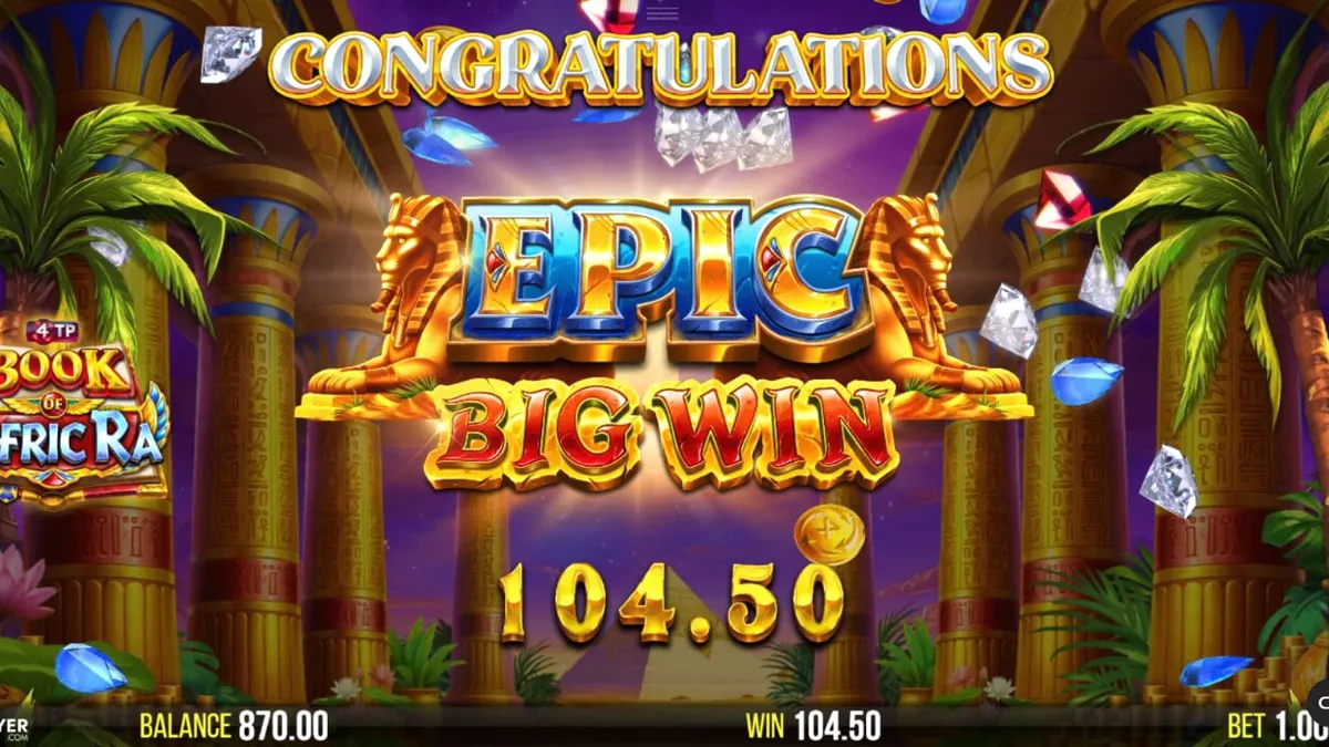 Pemandangan visual slot 4TP Book of AfricRa dengan simbol hewan royalti